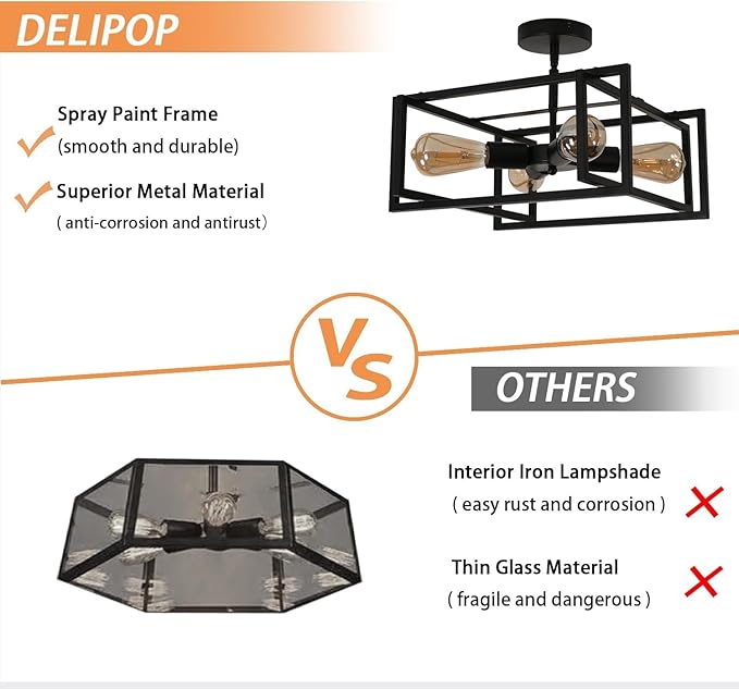 DELIPOP 4-Light LED Ceiling Light Industrial Black Farmhouse, Semi Flush Mount Ceiling Light, Lighting for Dining Room Kitchen Hallway Island