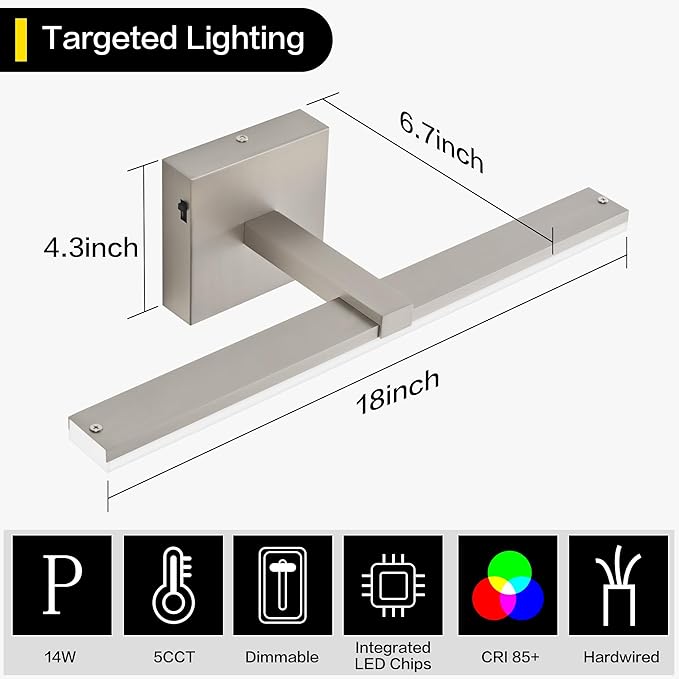 ZUZITO 18 Inch Vanity Lights for Bathroom Brushed Nickel Over Cabinet Arm Extra Wide LED Bar 5CCT 2900K 6000K ETL IP44