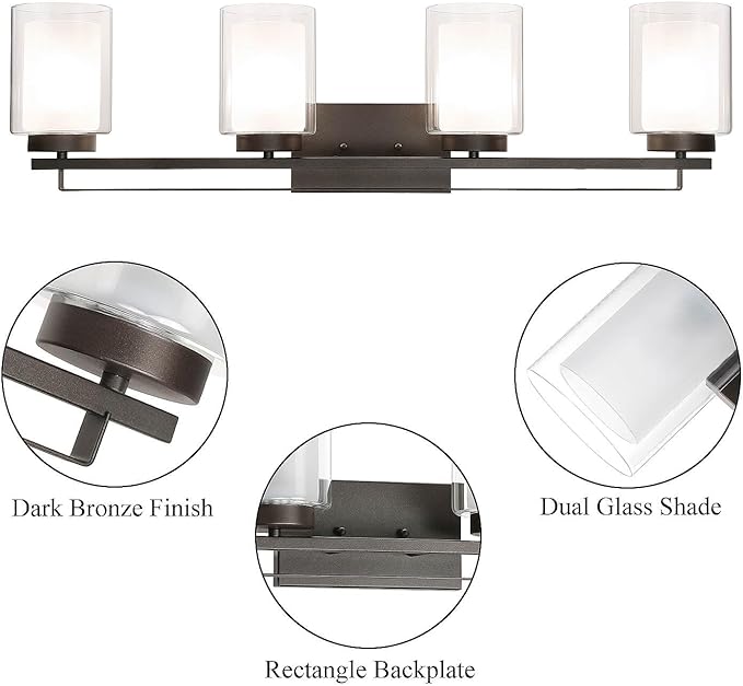 XiNBEi Lighting Wall Light 4 Light Bathroom Vanity Lighting with Dual Glass Shade in Dark Bronze Indoor Wall Mount Light XB-W1195-4-DB
