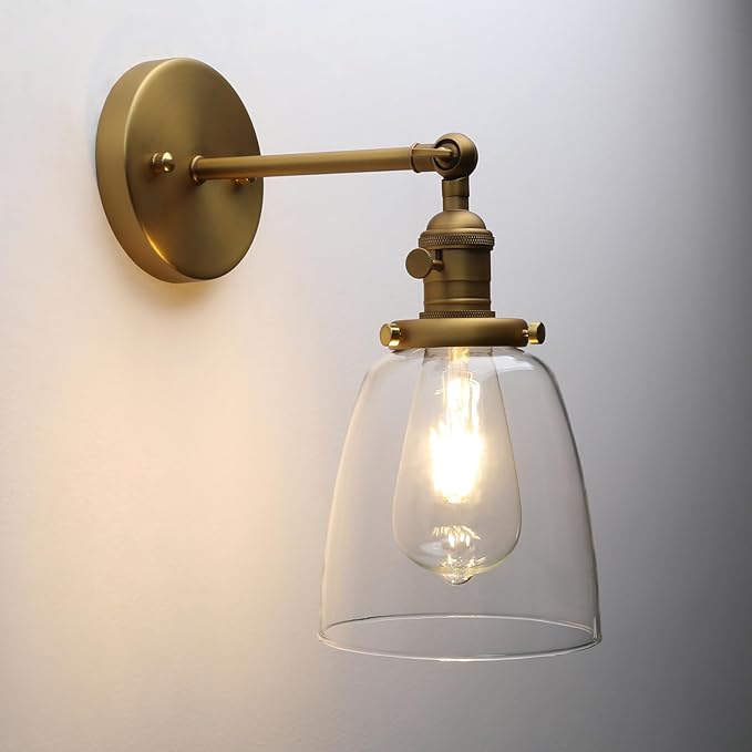 Pathson Vintage Wall Sconce Lighting with On Off Switch, Clear Glass Shade Brass Vanity Light, Industrial Wall Fixtures for Living Room Bathroom Bedroom Garage Porch