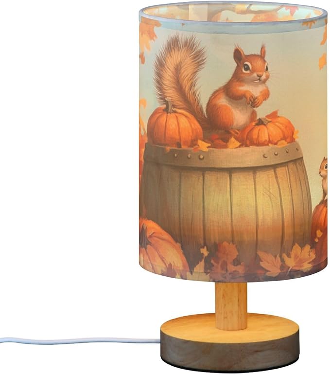 Aslsiy Fall Squirrel Pumpkins Maple Bedside Table Lamp Autumn Nightstand Lamp Night Light Fabric Shade for Bedroom Living Room Home Office