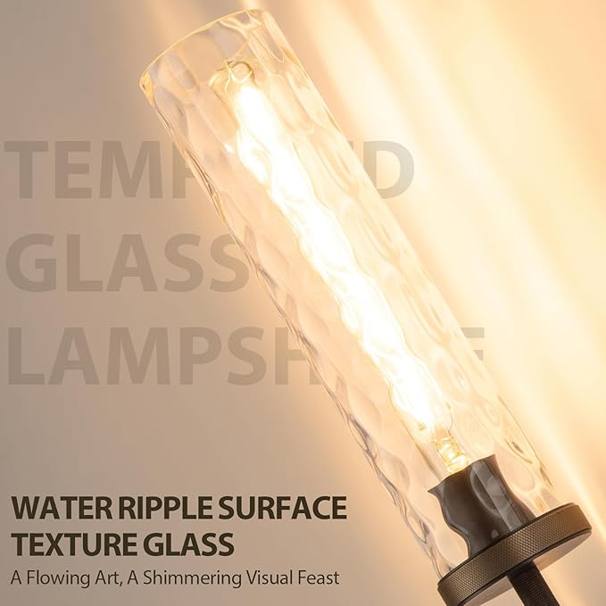 19.5" Knurled Brass Wall Sconces Set of 2, Black Gold Bathroom Vanity Light Fixtures with Water Ripples Glass Tube, Modern Lamp Lighting for Bedroom, Living Room, Hallway, Staircase, Mirror, Kitchen