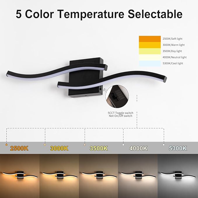 Black Curved Bathroom Vanity Light Fixture Over Mirror, 23.62 inch Modern LED Wall Lamp 5CCT Dimmable Bathroom Light Fixture Modern Vanity Lighting Wall Sconces