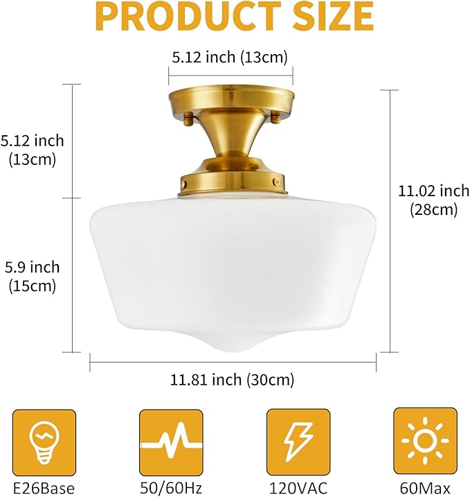 youngrender Schoolhouse Light Fixture Modern Gold Ceiling Light,Semi Flush Mount Ceiling Light,12''Wide Opal Milk Glass Shade,Brass Vintage Light for Farmhouse Bedroom Kitchen Hallway Entryway