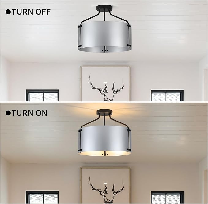 Kitchen Lighting Fixtures Ceiling,16''Silver Chandelier Light Fixture,Drum Bedroom Ceiling Lights,3-Light Close to Ceiling Light Fixtures for Farmhouse Hallway Porch Entryway