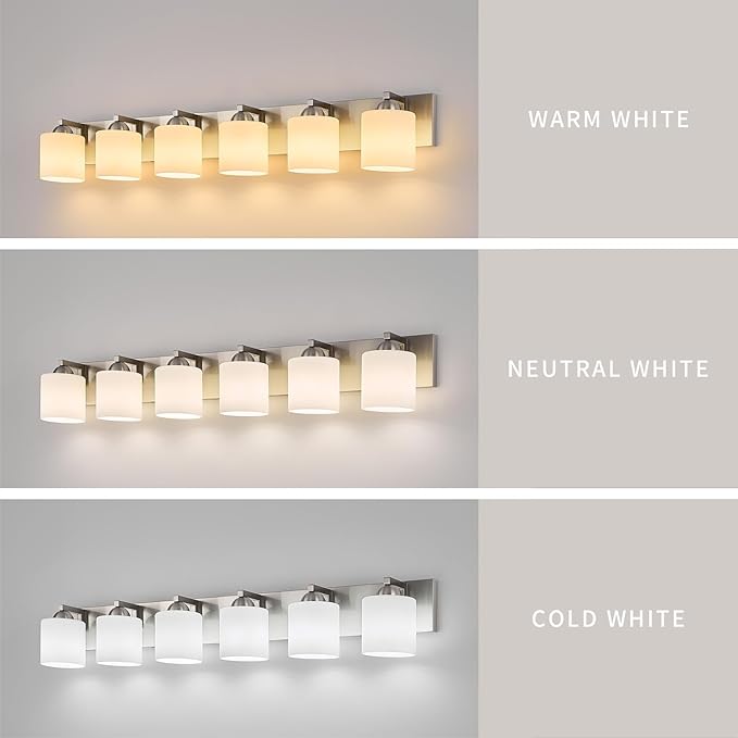 mirrea 44-Inch 6-Light Brushed Nickel Vanity Lights for Bathroom, Vanity Lighting Fixtures with Etched White Glass Shades