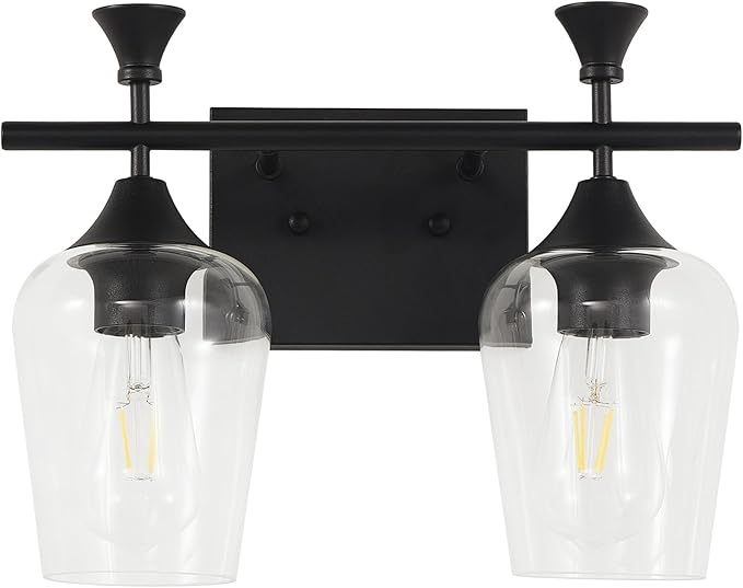 Bathroom Light Fixtures (2-Light, 14 Inch), Matte Black Vanity Lights for Bathroom with Clear Wine Glass Glass Shade, Modern Vanity Wall Lights for Mirror Bedroom Living Room Kitchen Hallway Porch