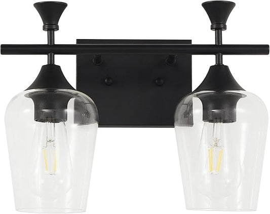 Bathroom Light Fixtures (2-Light, 14 Inch), Matte Black Vanity Lights for Bathroom with Clear Wine Glass Glass Shade, Modern Vanity Wall Lights for Mirror Bedroom Living Room Kitchen Hallway Porch