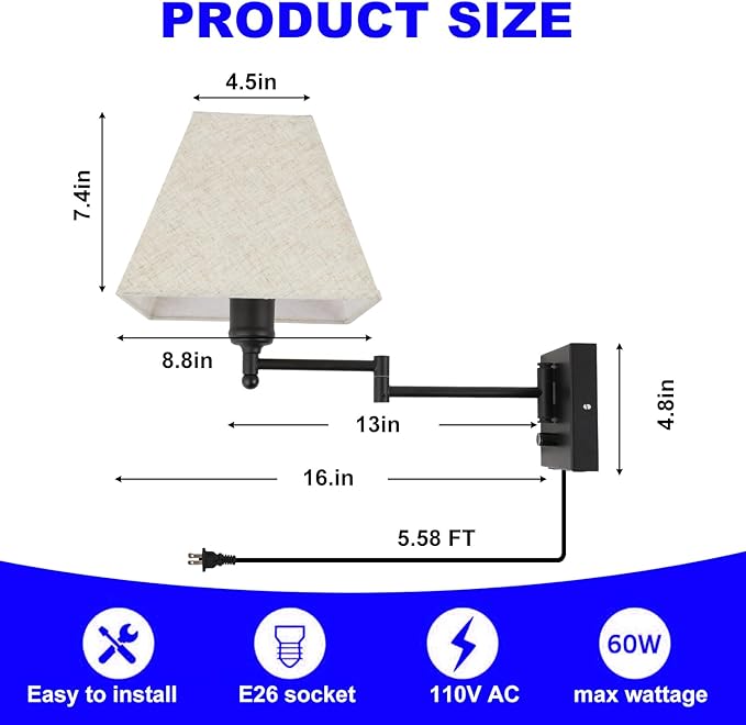 13" Modern Swing Arm Wall Lamp Plug in Wall Sconce with USB and Type-C Port Wall Mounted Lamp with Dimmable Switch Black Wall Sconce Beige Fabric Shade Suitable for Hallway Bedroom Living Room