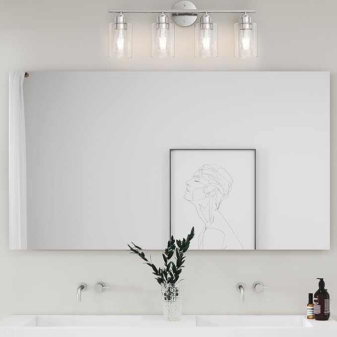 Espird Bathroom Vanity Light Fixtures Brushed Nickel,4 Lights Rustic Farmhouse Vanity Bar Lighting Over Mirror Modern Industrial Wall Sconces Lamp with Cylinder Glass Shade