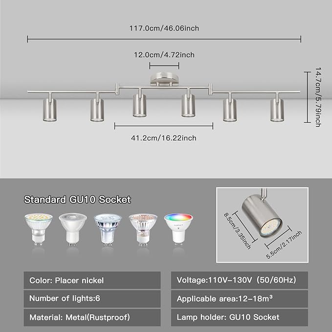 GORDNWE Track Lighting Fixtures, Black Track Light with Adjustable Track Heads, Directional Ceiling Spotlight for Kitchen, Office, Dining Room, Closet, Studio (6-Light GU10 Nickel)