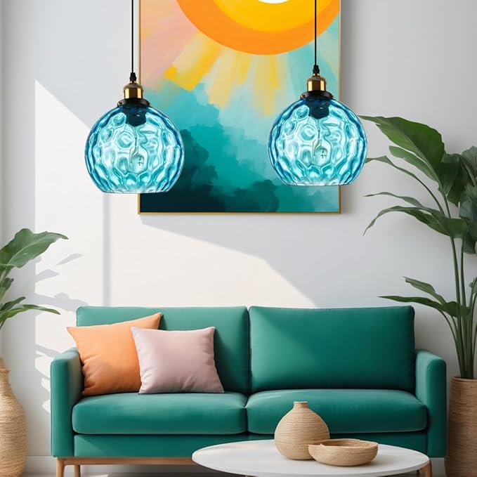 2-Pack Blue Glass Plug in Pendant Light, Boho Swag Hanging Lamps with 14.76ft Cord, Coastal Hammered Glass Globe Ceiling Hanging Lights for Bathroom Living Room Kids Bedroom
