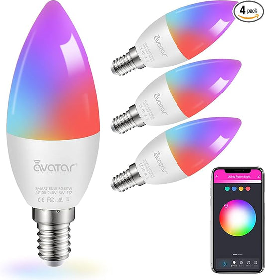 4 Pack E12 LED Smart Light Bulbs, RGBCW Small Candle Candelabra Compatible with Alexa/Google Home/Smart Life, 5W Type B B11 Color Changing Music Sync Timer Bulb, 2.4G WiFi Bluetooth Bulb