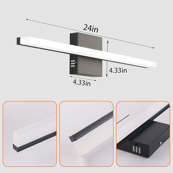 LED Bathroom Vanity Light, 14W Bathroom Mirror Light Fixtures, 3 Color Temperatures 24 Inch Black Wall Sconce for Makeup, Modern LED Bath Wall Lamp for Bathroom & Bedroom IP44
