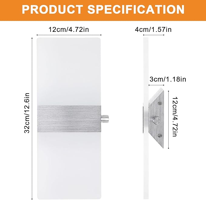 LIGHTESS Modern Wall Sconce Dimmable Switch 12W, Up Down Wall Lights Acrylic LED Wall Lamp for Hallway Bedroom Corridor, Cool White, HS621-1