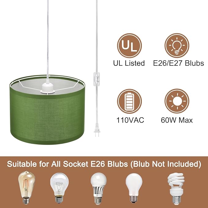 PATIKIL Plug in Pendant Light, 2 Pack 15Ft Rope Cord Hanging Lamp Fixture with ON/Off Switch, Linen Fabric Shade E26/E27 Bulb Socket for Bedroom Kitchen Living Room, Army Green