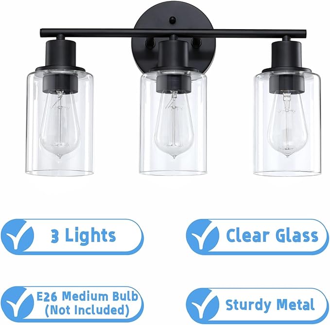 WISBEAM 3-Light Vanity Light Over Mirror, Black Bathroom Wall Light Fixtures with Clear Glass Shade Including E26 Medium Base, Bulb NOT Included