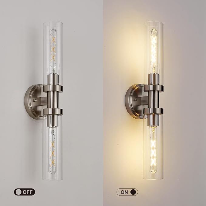 SANTOSTOCK Brushed Nickel 2-Light Bathroom Vanity Light Fixture, Modern Bathroom Sconces Wall Lighting W/Clear Glass Shade, Horizontal and Vertical Wall Mount Lamp for Mirror Hallway Kitchen