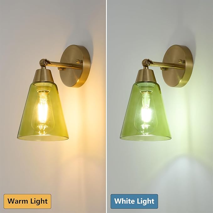 MWZ Gold Wall Sconce Decor Set of 2,Modern Brushed Brass Sconces Lighting with Green Glass Shade,Bathroom Light Fixtures Over Mirror,Vanity Lights Over Sink,Indoor Wall Mount Adjustable Angle Lamp