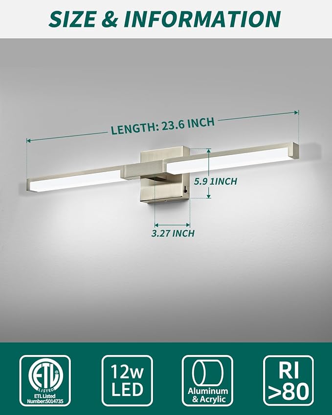 OKELI Modern Bathroom Light Fixtures Over Mirror, 24 Inch Brushed Nickel Vanity Light Bar for Bathroom, 12W 5CCT Diammable Wall Light
