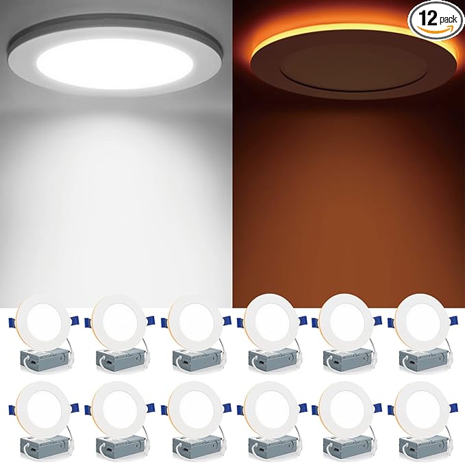 Meconard 12 Pack 4 Inch 5CCT LED Canless Recessed Lighting with Night Light, 2700K/3000K/3500K/4000K/5000K Selectable Ultra-Thin LED Ceiling Lights, 9W=75W, 750LM, Dimmable Wafer Downlight ETL&FCC