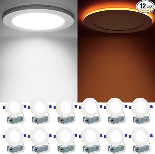 Meconard 12 Pack 4 Inch 5CCT LED Canless Recessed Lighting with Night Light, 2700K/3000K/3500K/4000K/5000K Selectable Ultra-Thin LED Ceiling Lights, 9W=75W, 750LM, Dimmable Wafer Downlight ETL&FCC