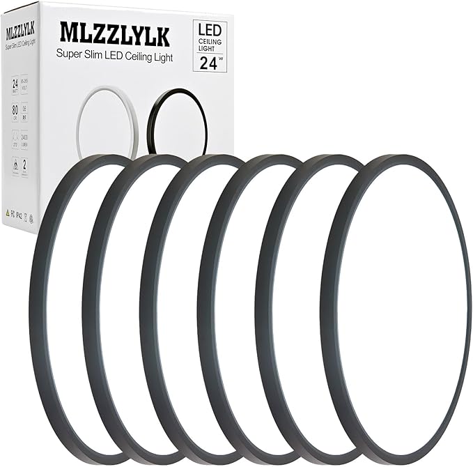 6PK 12 inch LED Flush Mount Ceiling Light Fixture,24W Super Slim Black LED Ceiling Light 2400LM,3000K/4000K/6000K CCT Selectable,Close to Ceiling Round Flat Panel Lightfor Bedroom,Kitchen,Hallway