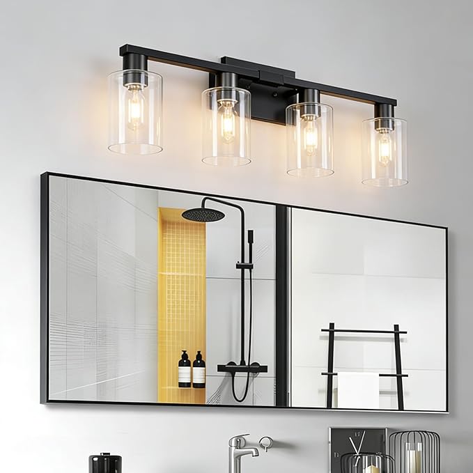 4 Light Bathroom Light Fixtures Black, 28" Vanity Lights Rust Proof Moisture-proof Easy to Clean with Clear Glass for Living Room Cabinet Bedroom Porch for Bathroom Lighting Fixtures over Mirror