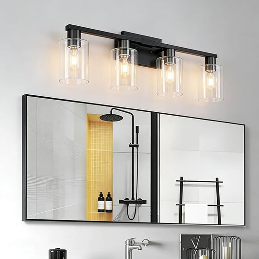 4 Light Bathroom Light Fixtures Black, 28" Vanity Lights Rust Proof Moisture-proof Easy to Clean with Clear Glass for Living Room Cabinet Bedroom Porch for Bathroom Lighting Fixtures over Mirror