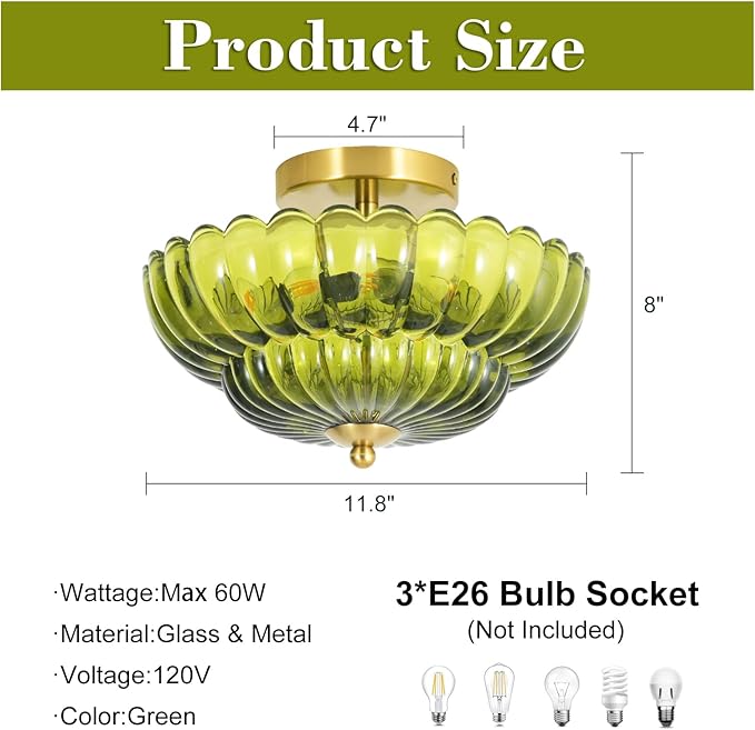11.8 inch Kitchen Ceiling Light, 3-Light Semi Flush Mount Ceiling Lamp with Flower Glass, Modern Close to Ceiling Light Fixtures for Bathroom Bedroom Hallway Entryway, Green