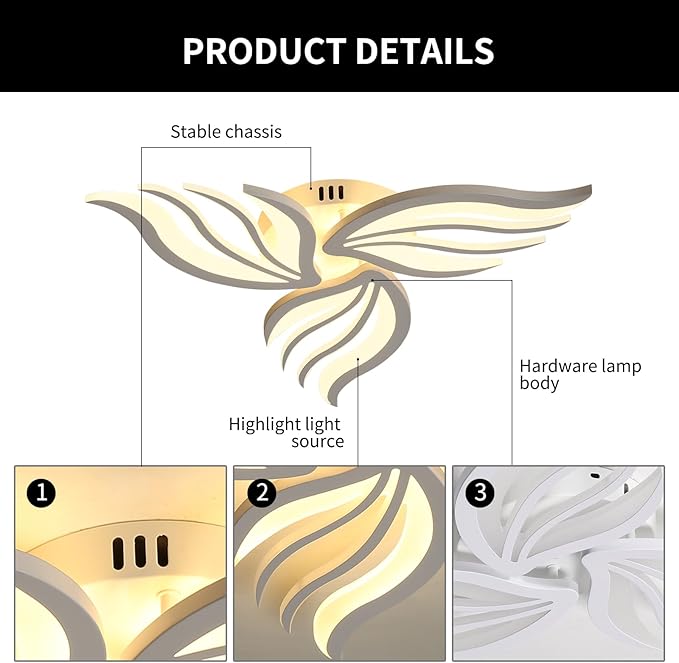 Becailyer LED Ceiling Light, 26.7" Dimmable Modern Flower Shape Ceiling Lamp, 30W Acrylic 3-Petals Flush Mount Ceiling Light Fixtures for Bedroom Dining Room Kitchen, White