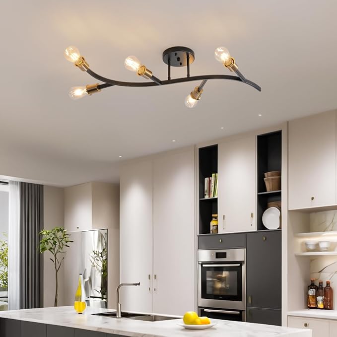 Modern Sputnik Semi Flush Mount Ceiling Light Fixture Black and Gold,5-Lights Mid Century Sputnik Chandelier for Dining Room,Kitchen,Hallway,Laundry Room,Bedroom(Bulbs Not Included)