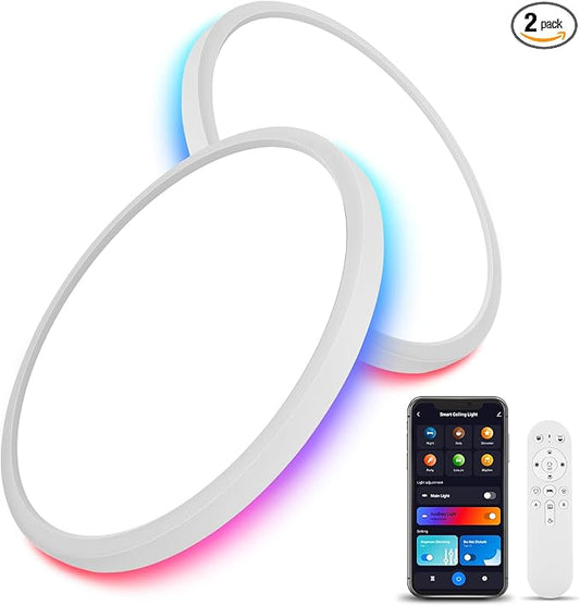 2 Pack 16 Inch Smart RGB LED Ceiling Light with Remote, WiFi Flush Mount Ceiling Light Compatible with Alexa & Google Home, 32W=3200LM Dimmable, DIY Colors, for Bedroom Living Room