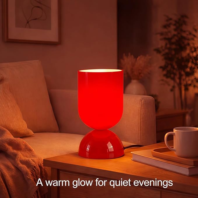 8.9'' Modern Glass Table Lamp, Dimmable Bedside & Desk Lamp for Living Room and Bedroom, UL Listed Nightstand Lamp with Dome Base, Home Decor for Office, Dorm, Side Table, Glossy Red