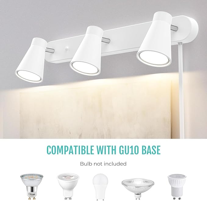 HURYEE Plug in Track Lighting, 3 Light Track Lighting Fixture, White Modern Ceiling Spotlight, Flexibly Rotatable Complete Light Kits for Kitchen Cabinet Living Room（Bulbs Not Included） (White)