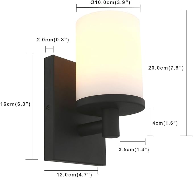 Pathson Vintage 1-Light Wall Sconce, Hardwired Bathroom Vanity Light, Frosted Glass Wall Mount Light Fixtures for Hallway Bathroom Kitchen Living Room (Black)