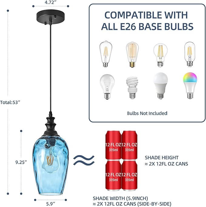 Pendant Lights Kitchen Island, Hanging Lighting Fixtures Dark Blue Water Ripple Glass Lamp Shade Black Pendant Light Fixtures for Kitchen Island Bedroom Living Dining Room Light Fixture