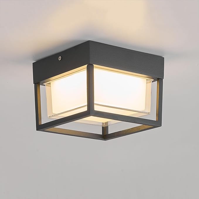 Outdoor Ceiling Porch Light LED Flush Mount for Wall or Ceiling, Square Exterior Wall Lamp for Front Porch,Garage, Hallway, Patio, 3000K, 15W, 6.3inch(Black)