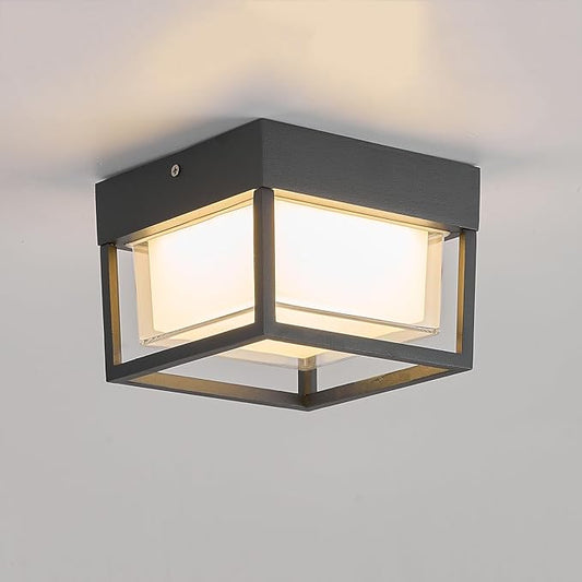 Outdoor Ceiling Porch Light LED Flush Mount for Wall or Ceiling, Square Exterior Wall Lamp for Front Porch,Garage, Hallway, Patio, 3000K, 15W, 6.3inch(Black)