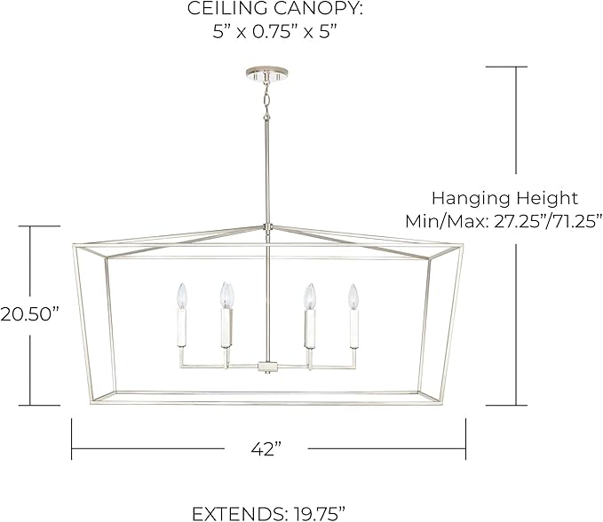 Capital Lighting 837661PN Thea Symmetrical Clear Line Island/Linear Pendant, 6-Light 360 Total Watts, 21" H x 42" W, Polished Nickel