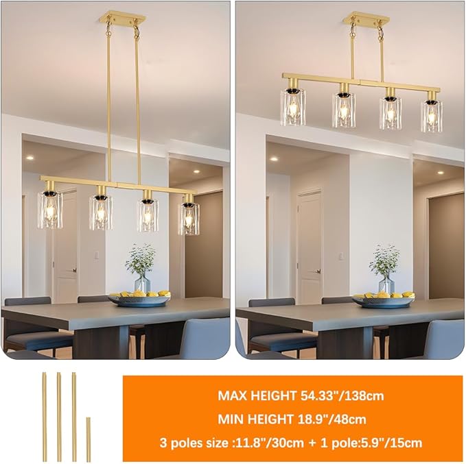 4-Light Kitchen Island Lighting, Gold Dining Room Light Fixtures over Table, Island Lights with Glass Shade, Farmhouse Pendant Lights Kitchen Chandelier for Restaurant Bar, Height Adjustable