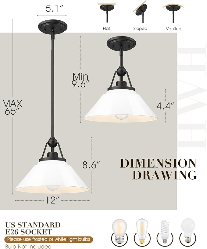 White Pendant Light Fixture, HWH Modern Kitchen Island Light Fixtures 12 Inch, 1-Light Hanging Lighting for Dinning Room Schoolhouse, Black Metal and White Opal Glass Shade, 5HYS89MIL-G BK