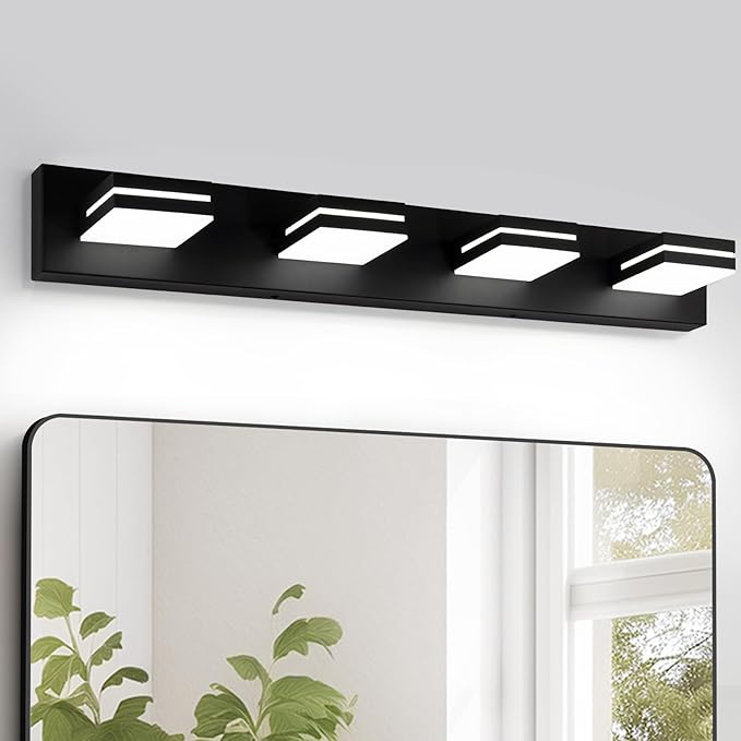 OKELI 4 Light Bathroom Vanity Light Matte Black Modern 32W LED Dimmable Vanity Light Over Mirror 350° Adjustable Lamp Head Cold White 6000K ETL Listed 30Inch