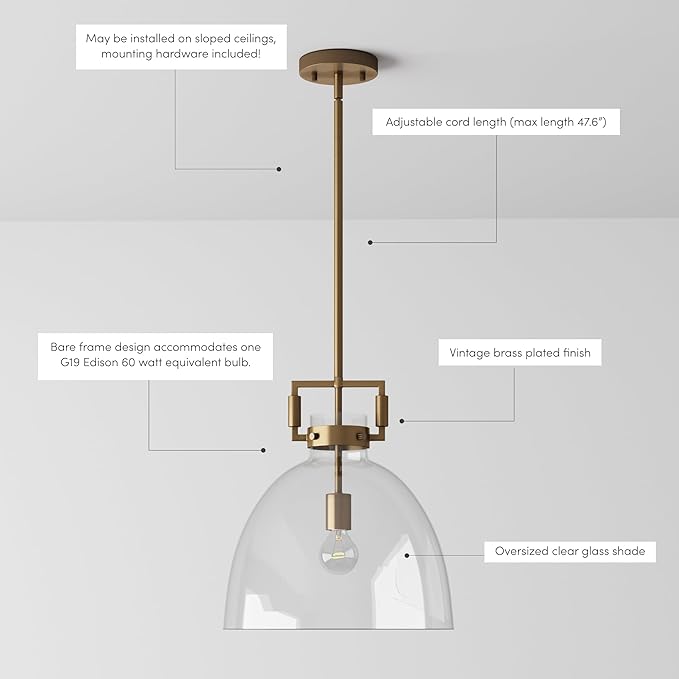 Nathan James Leigh Pendant Lighting, Hanging Ceiling Light with Oversized Glass Shade and Adjustable Cord, for Kitchen Island or Entryway, Vintage Brass/Clear, Set of 2