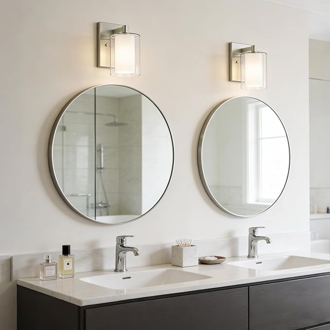 Kalium Wall Sconces Set of Two Modern Vanity Lights with Double Clear Glass Shade Brushed Nickel Indoor Farmhouse Wall Light for Bathroom Living Room Bedroom Mirror Hallway Bulb E26 Base (2PCS)