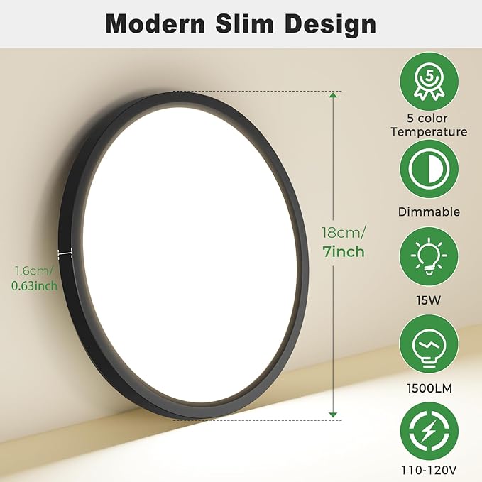 zemty 1Pack LED Flush Mount Ceiling Light, 7Inch 15W Dimmable Ceiling Lights Fixture, 5 Color Temperatures (3000K-6500K) Black Round Ceiling Lamp for Bedroom, Kitchen, Hallway,Bathroom