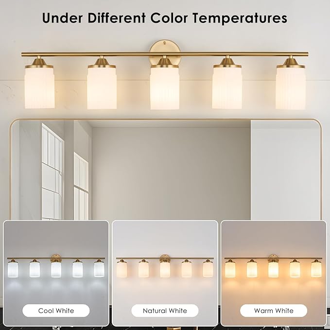 Jonsi Gold Bathroom Light Fixtures 5-Light Vanity Lights Modern Wall Sconce with Milk White Shade Brushed Brass Bathroom Light Fixture Over Mirror for Bedroom Hallway Kitchen