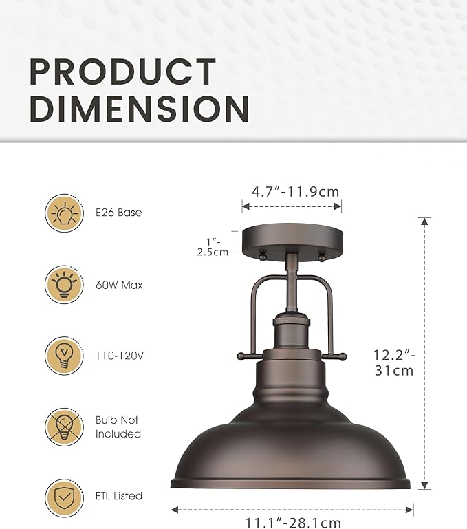 zeyu Farmhouse Semi Flush Mount Light Fixture, 11 Inch Industrial Ceiling Light Fixture for Indoor, Oil Rubbed Bronze Finish, ZY41-F ORB