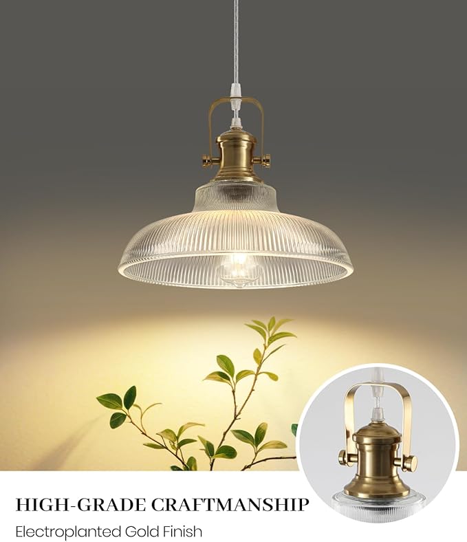 Gold Glass Pendant Lights Kitchen Island, 12in, Modern Kitchen Pendant Lights Fixture, Farmhouse Pendant Lighting for Dining Room Bedroom Bar Sink, 2 Pack