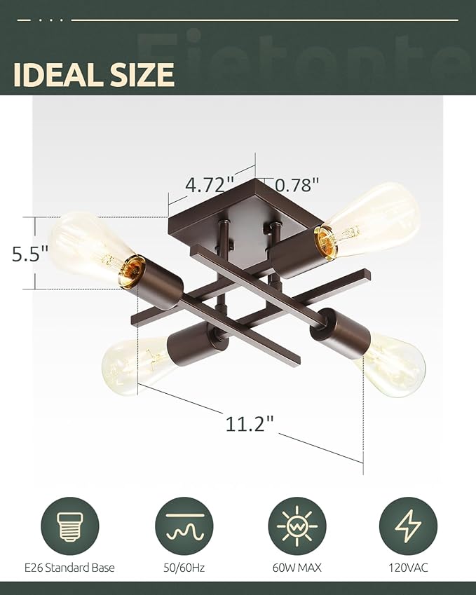 Industrial 4-Light Semi Flush Mount Ceiling Light Fixture, Farmhouse Oil Rubbed Bronze Chandelier Lighting, Modern E26 Base Sputnik Ceiling Lamp for Kitchen Living Room Hallway Entryway